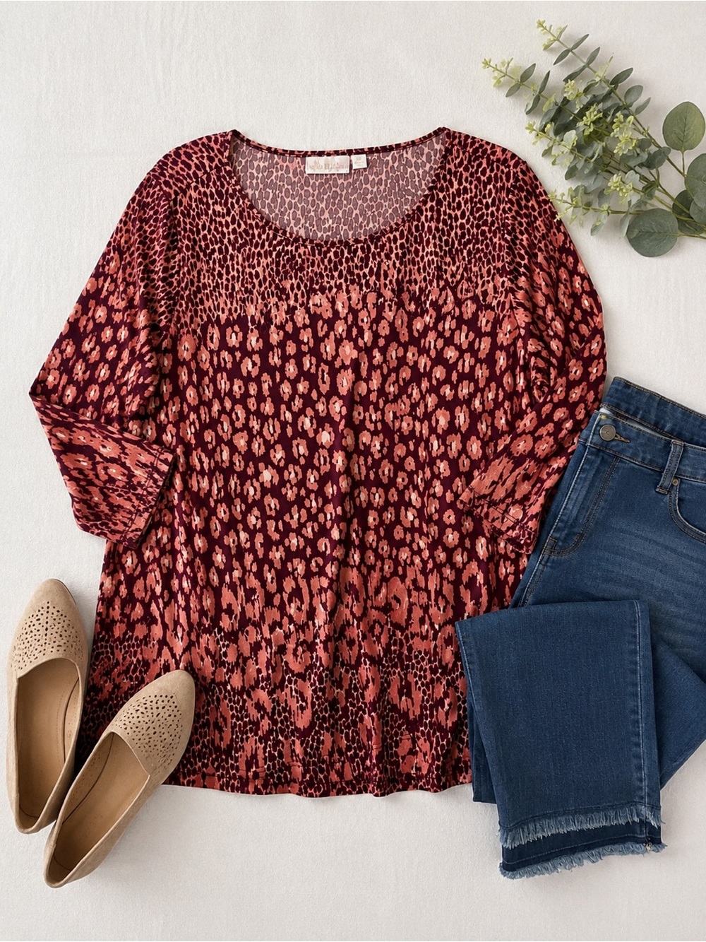 Belle by Kim Gravel Animal Print Tunic Top 1X Pink Brown 3/4 Sleeve Stretch